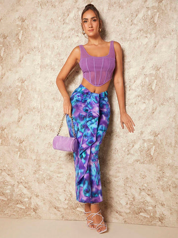 BAE Tie Dye Ruched Ruffle Trim Mermaid Hem Skirt