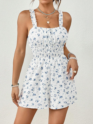 Ditsy Floral Print Shirred Waist Ruched Bust Romper