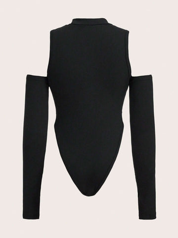 Cut Out Cold Shoulder High Cut Bodysuit
