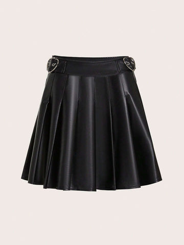 EZwear High Waist PU Leather Pleated Skirt