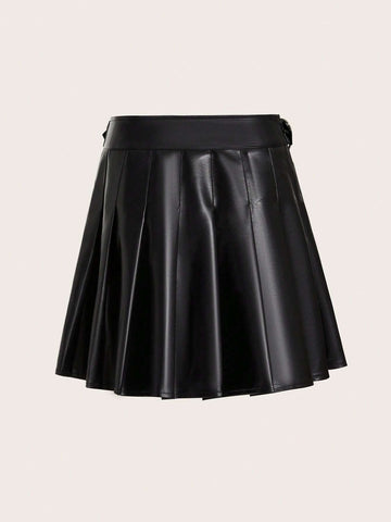 EZwear High Waist PU Leather Pleated Skirt
