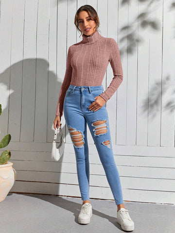 Turtle Neck Ribbed Knit Tee