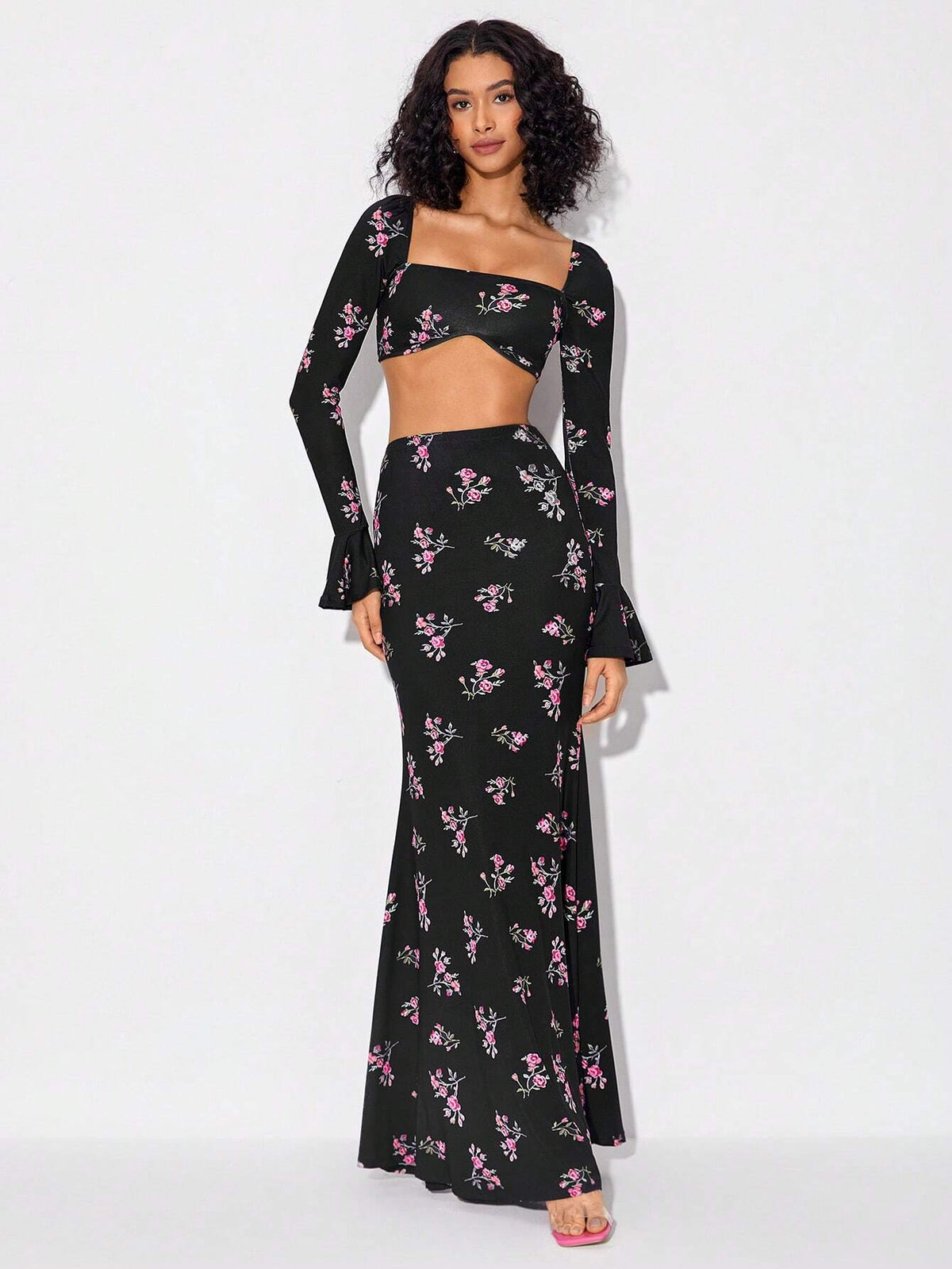 Floral Print Flare Sleeve Crop Top & Mermaid Hem Skirt