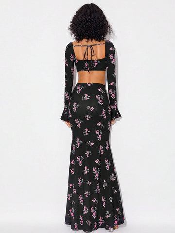Floral Print Flare Sleeve Crop Top & Mermaid Hem Skirt