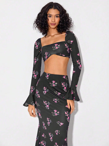 Floral Print Flare Sleeve Crop Top & Mermaid Hem Skirt