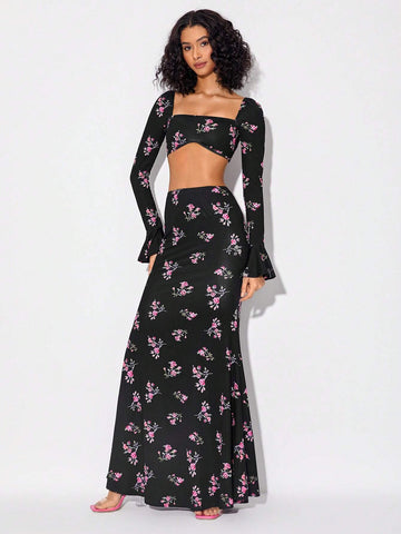 Floral Print Flare Sleeve Crop Top & Mermaid Hem Skirt
