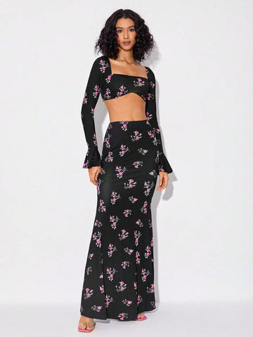 Floral Print Flare Sleeve Crop Top & Mermaid Hem Skirt