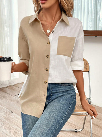 Two Tone Drop Shoulder Pocket Patched Shirt