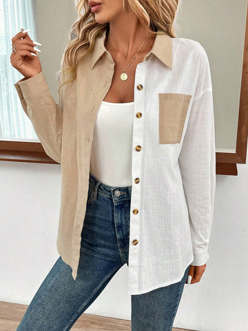 Two Tone Drop Shoulder Pocket Patched Shirt