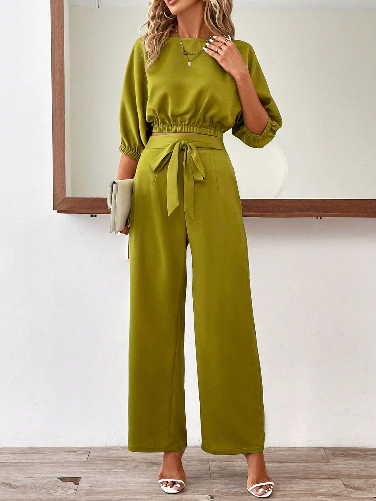 Solid Batwing Sleeve Top & Belted Wide Leg Pants