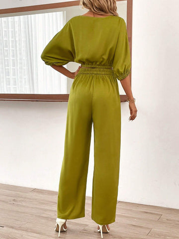 Solid Batwing Sleeve Top & Belted Wide Leg Pants