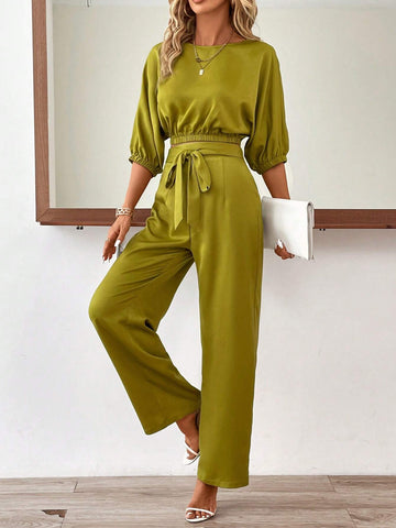 Solid Batwing Sleeve Top & Belted Wide Leg Pants