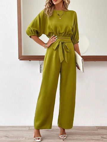 Solid Batwing Sleeve Top & Belted Wide Leg Pants