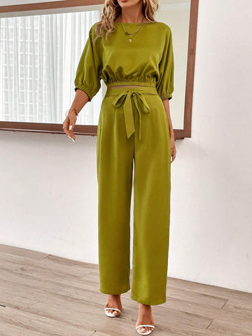 Solid Batwing Sleeve Top & Belted Wide Leg Pants