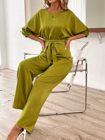 Solid Batwing Sleeve Top & Belted Wide Leg Pants