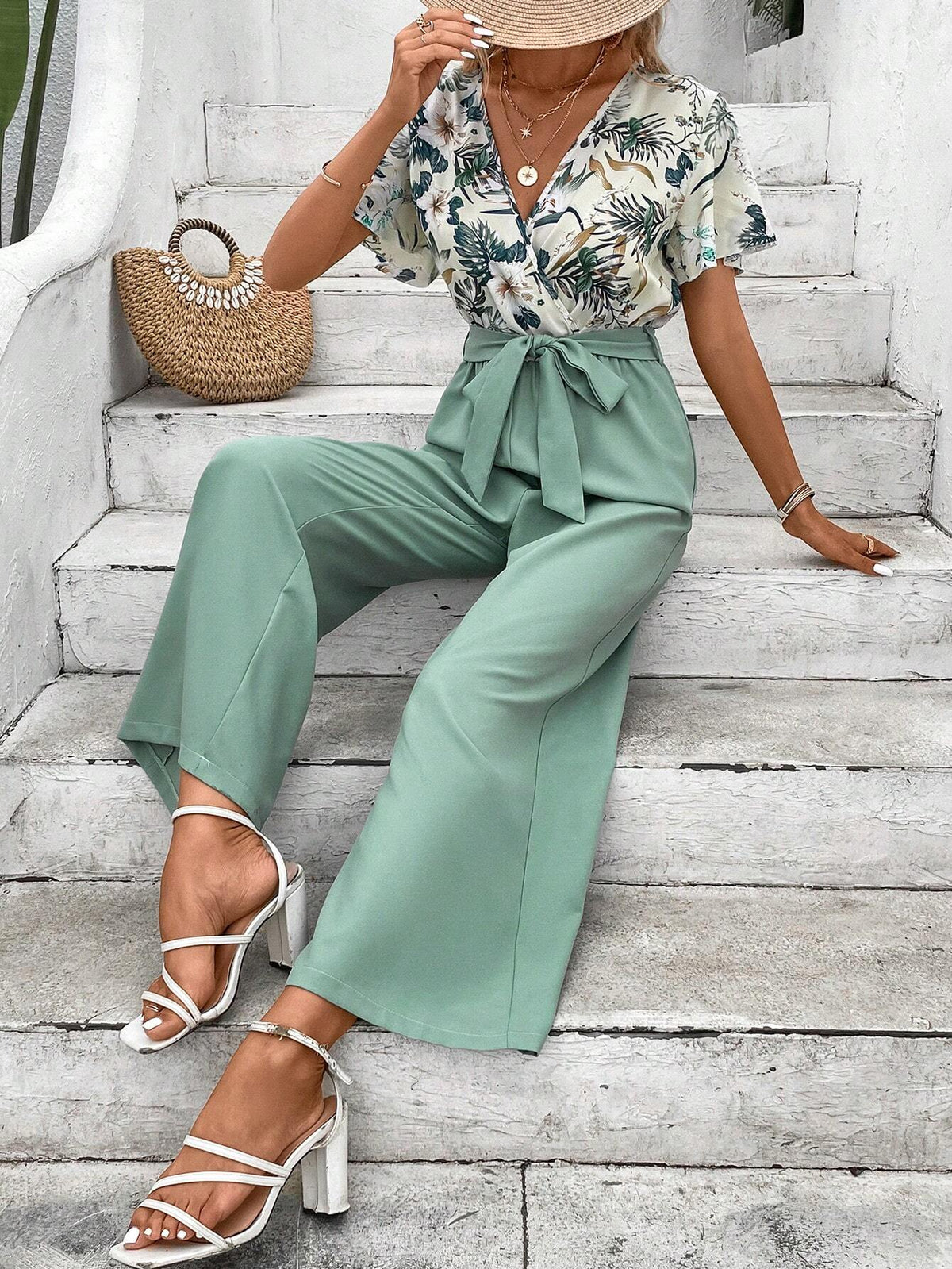 Tropical Print Surplice Neck Belted Wide Leg Jumpsuit