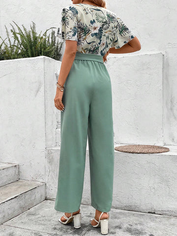 Tropical Print Surplice Neck Belted Wide Leg Jumpsuit