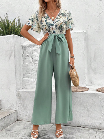 Tropical Print Surplice Neck Belted Wide Leg Jumpsuit
