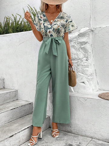 Tropical Print Surplice Neck Belted Wide Leg Jumpsuit