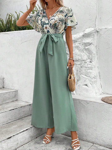 Tropical Print Surplice Neck Belted Wide Leg Jumpsuit