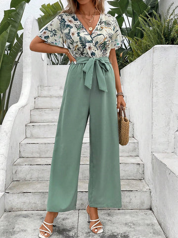 Tropical Print Surplice Neck Belted Wide Leg Jumpsuit