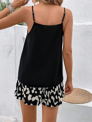 Graphic Print Draped Collar Cami Top & Shorts