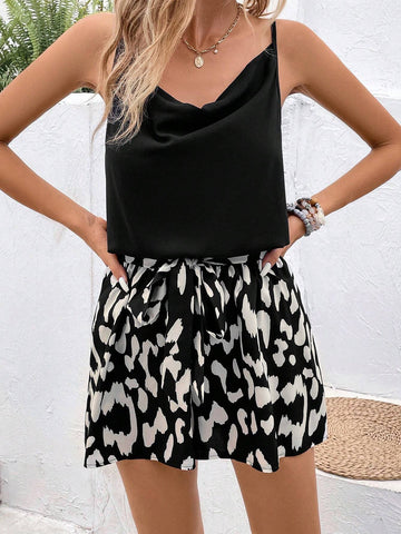 Graphic Print Draped Collar Cami Top & Shorts