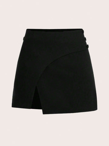 Solid Button Detail Split Hem Skirt
