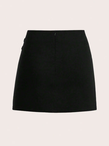 Solid Button Detail Split Hem Skirt