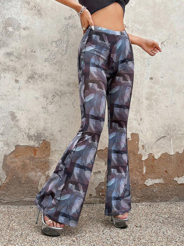 ICON Allover Print Flare Leg Mesh Pants Without Panty
