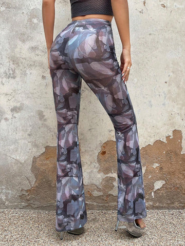 ICON Allover Print Flare Leg Mesh Pants Without Panty