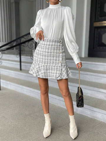 Plaid Pattern Ruffle Hem Tweed Skirt