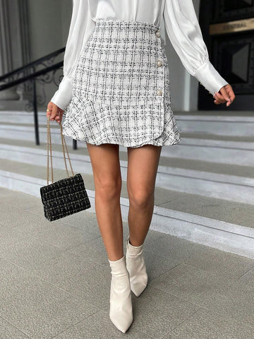 Plaid Pattern Ruffle Hem Tweed Skirt