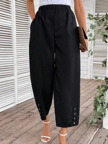 Elastic Waist Button Detail Wide Leg Pants