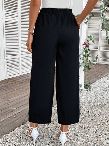 Elastic Waist Button Detail Wide Leg Pants