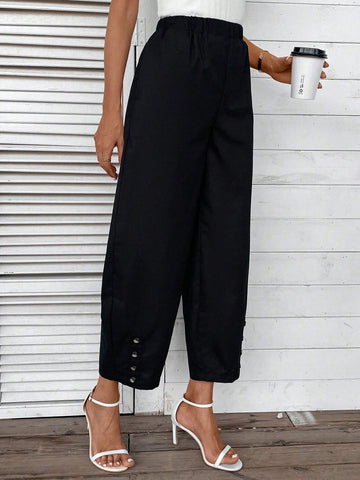 Elastic Waist Button Detail Wide Leg Pants