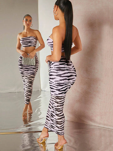 Zebra Striped Tube Top & Pencil Skirt Set