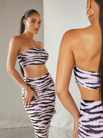 Zebra Striped Tube Top & Pencil Skirt Set