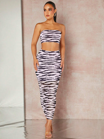 Zebra Striped Tube Top & Pencil Skirt Set