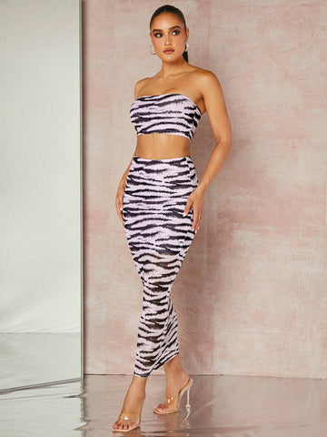Zebra Striped Tube Top & Pencil Skirt Set