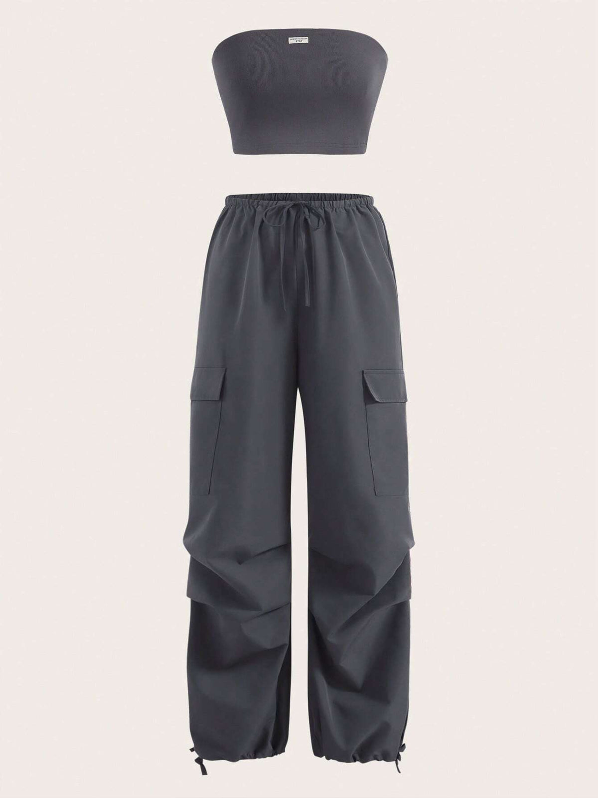 Solid Tube Top & Drawstring Waist Cargo Pants