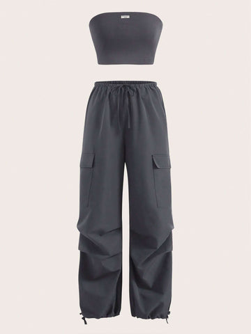 Solid Tube Top & Drawstring Waist Cargo Pants