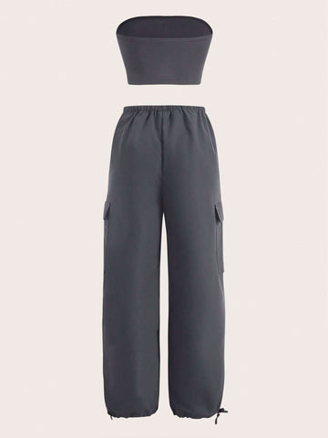 Solid Tube Top & Drawstring Waist Cargo Pants