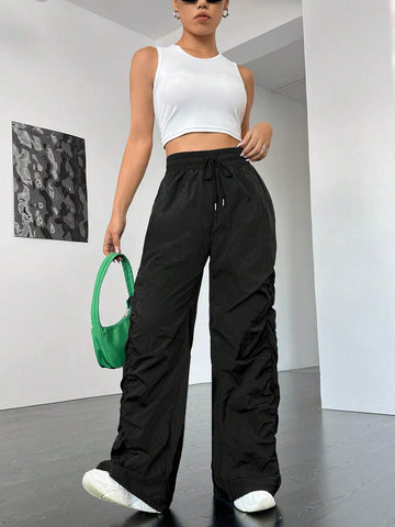 Drawstring Waist Ruched Parachute Pants