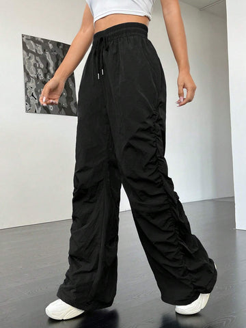 Drawstring Waist Ruched Parachute Pants