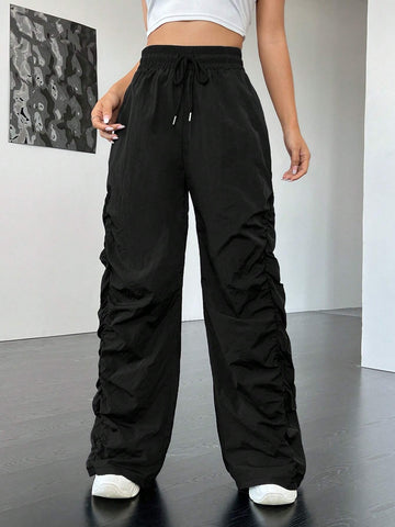 Drawstring Waist Ruched Parachute Pants