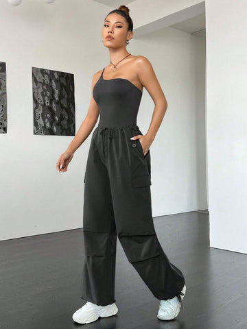 One Shoulder Bodysuit & Drawstring Waist Pants