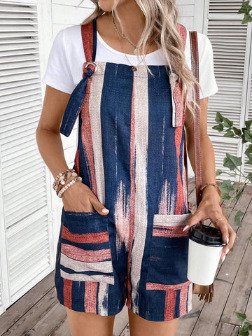 Brush Print Dual Pocket Overall Romper Without Tee