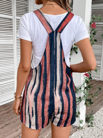 Brush Print Dual Pocket Overall Romper Without Tee