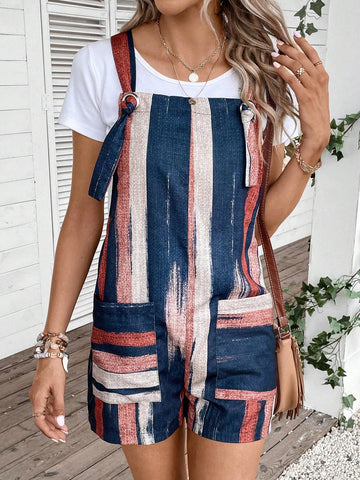 Brush Print Dual Pocket Overall Romper Without Tee